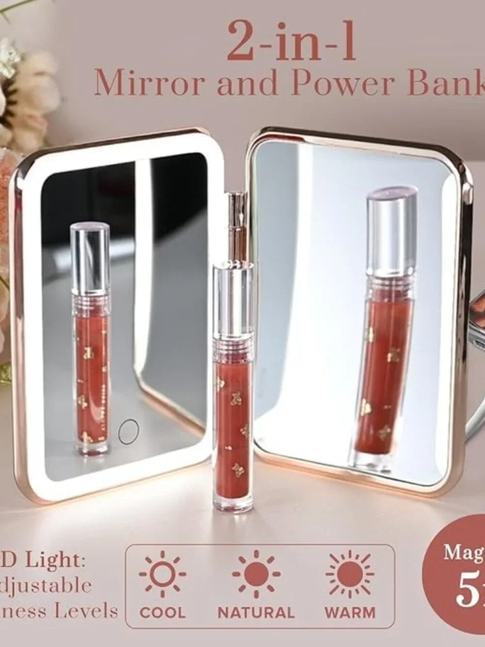 Jenni V Rose Gold LED Lighted Compact Mirror 5X Magnifying Power Bank